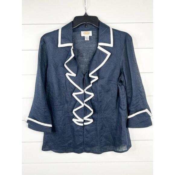 Talbots Ruffle Front Blue Linen Blouse 3/4 Sleeves Contrast Trim Womens Size 8 - Picture 2 of 12